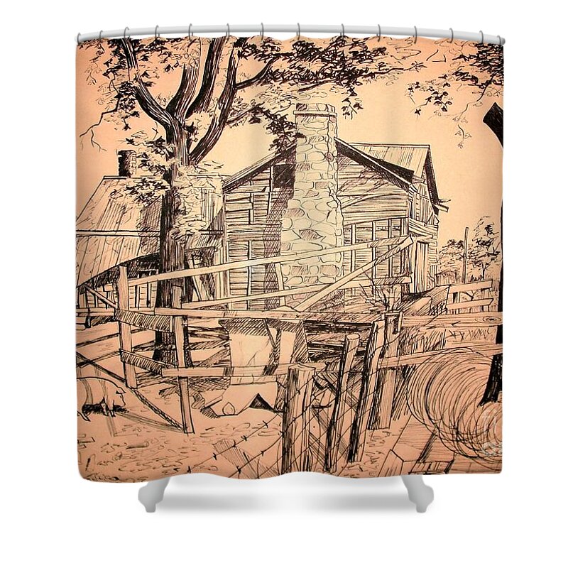 The Pig Sty Shower Curtain featuring the drawing The Pig Sty by Kip DeVore