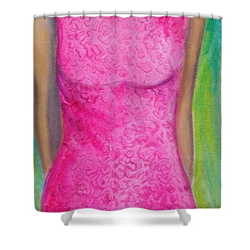 Woman Shower Curtain featuring the painting The Pink Dress by Debi Starr