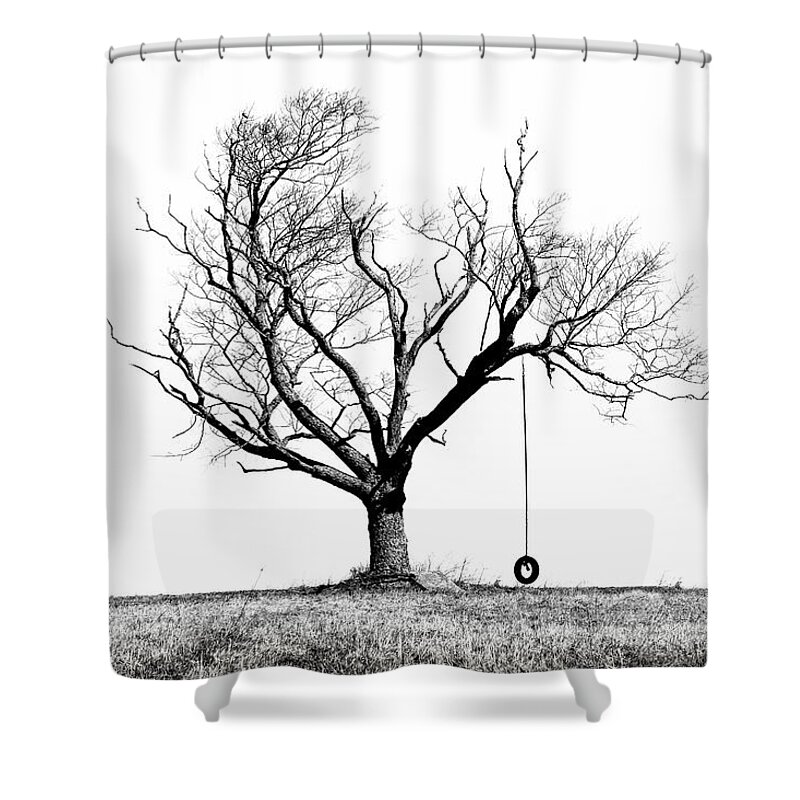 Tree Shower Curtain featuring the photograph The Playmate - Old Tree And Tire Swing On An Open Field by Gary Heller