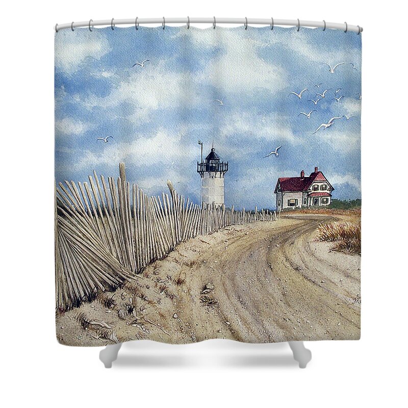 Cape Cod Shower Curtain featuring the painting The Pole Line to Race Point Light by Jennifer Creech