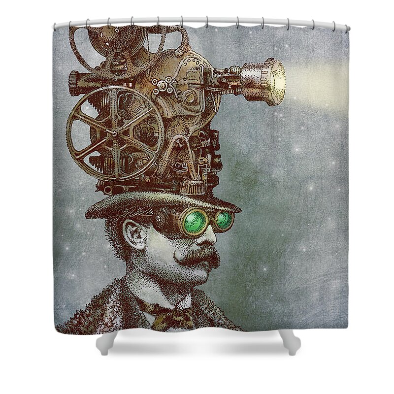 Projector Shower Curtain featuring the drawing The Projectionist by Eric Fan