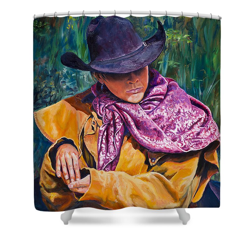 Cowboy Shower Curtain featuring the painting The Purple Scarf by Page Holland