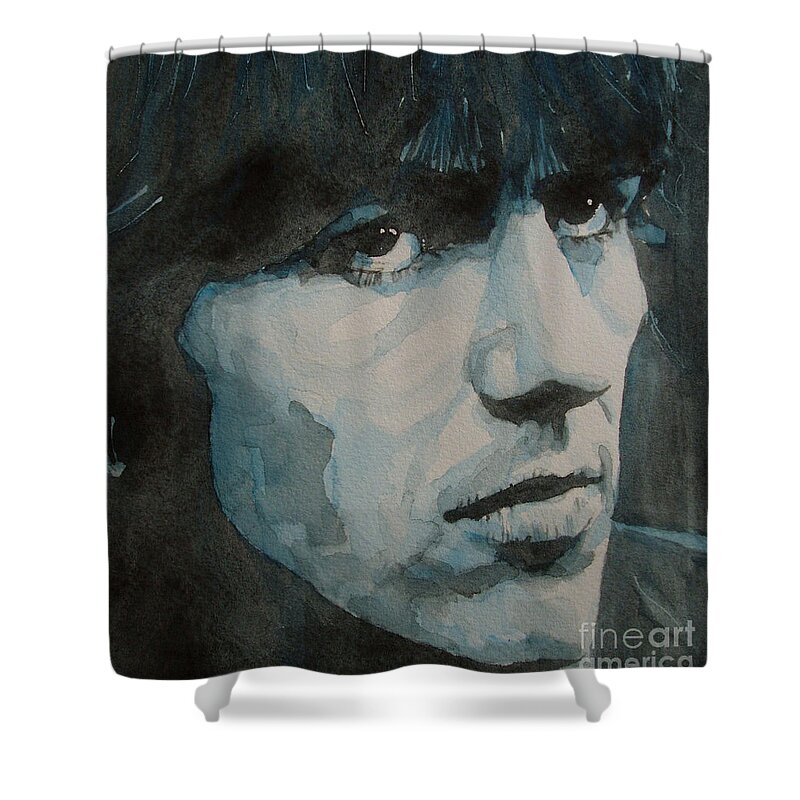 The Beatles Shower Curtain featuring the painting The quiet one by Paul Lovering