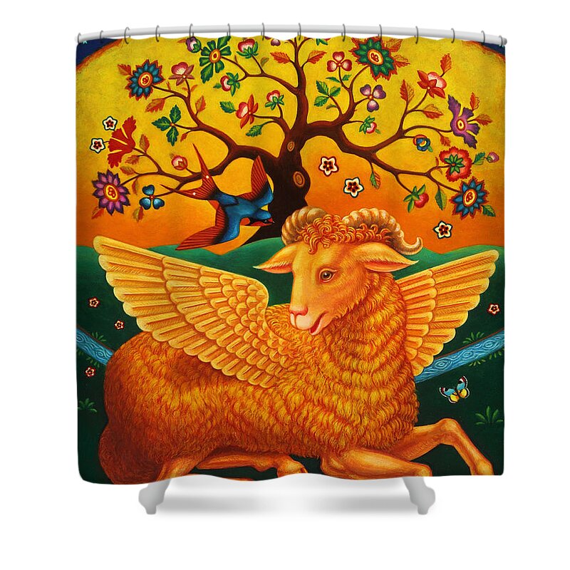 Winged Shower Curtain featuring the photograph The Ram With The Golden Fleece, 2011 Oils And Tempera On Panel by Frances Broomfield