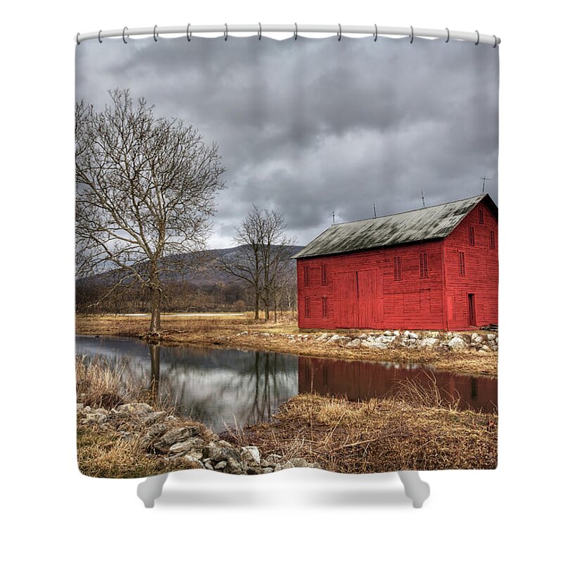 Tranquility Shower Curtain featuring the photograph The Red Barn By Stream by Julie Thurston