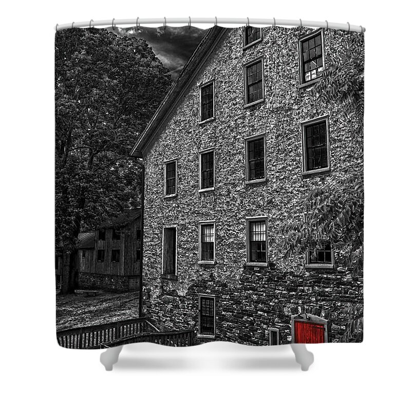 Selective Color Shower Curtain featuring the photograph The Red Door by Debra Fedchin