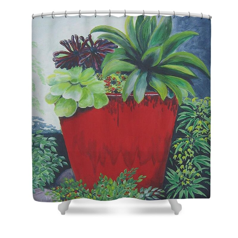 Red Pot Shower Curtain featuring the painting The Red Pot by Suzanne Theis
