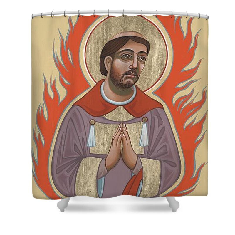 Look Closely At This Image Of San Lorenzo To See The Rough And Carved Wood Of This Retablo. Shower Curtain featuring the painting The Retablo of San Lorenzo del Fuego 253 by William Hart McNichols