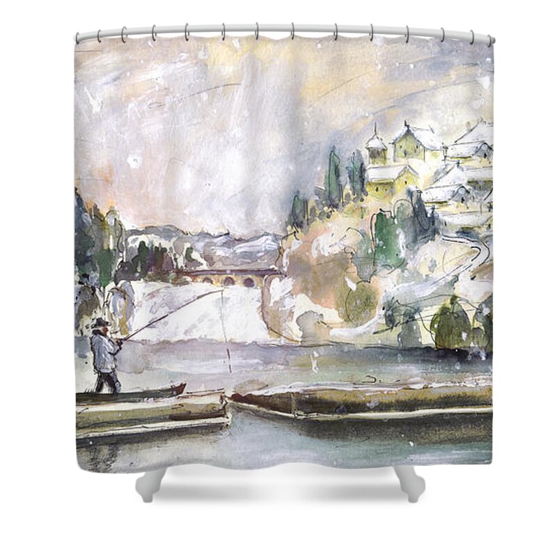 Travel Shower Curtain featuring the painting The Rhine Falls In Switzerland In Winter by Miki De Goodaboom
