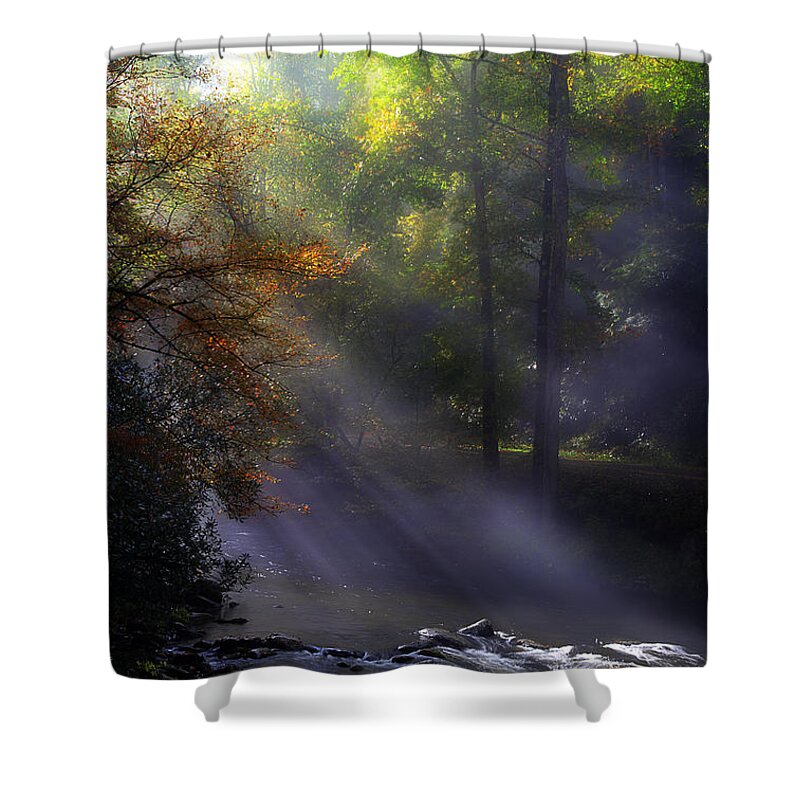 River Scene Shower Curtain featuring the photograph The River's Embrace by Michael Eingle