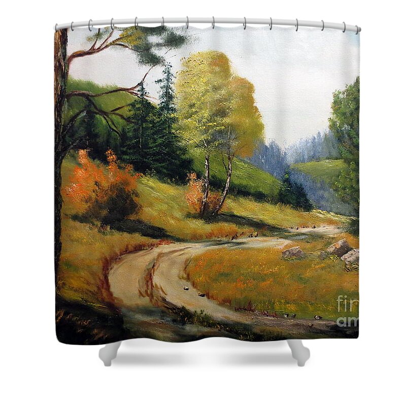 Lee Piper Shower Curtain featuring the painting The Road Not Taken by Lee Piper
