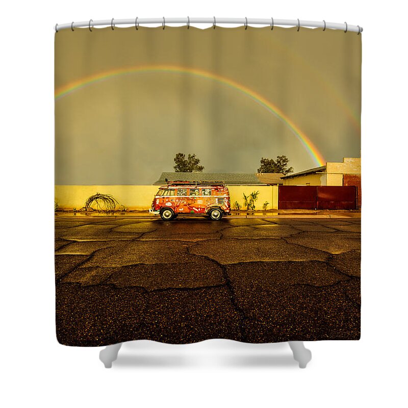Vw Shower Curtain featuring the photograph The Rustybus Enjoys the Golden Light Under the Rainbow by Richard Kimbrough