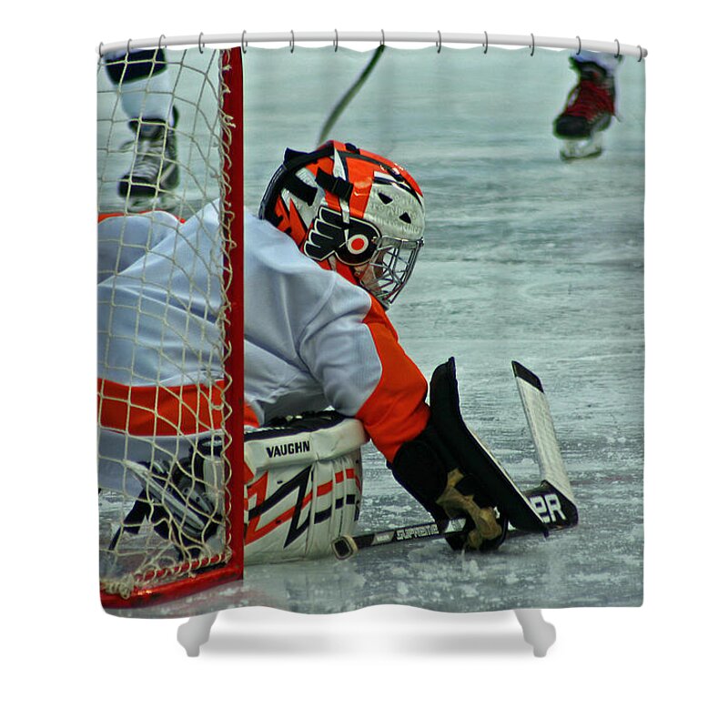 Hockey Shower Curtain featuring the photograph The Save by David Rucker