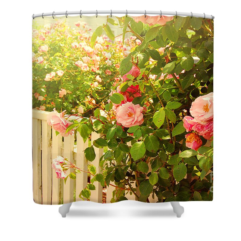 North America Shower Curtain featuring the photograph The Scent of Roses and a White Fence by Sabine Jacobs
