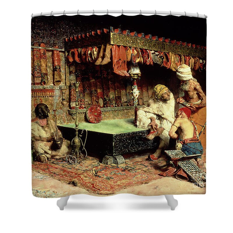The Slipper Merchant Shower Curtain featuring the painting The Slipper Merchant by Jose Villegas Cordero