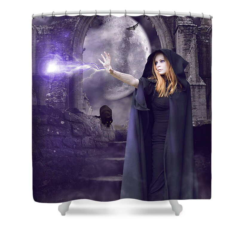 Halloween Shower Curtain featuring the digital art The Spell is Cast by Linda Lees