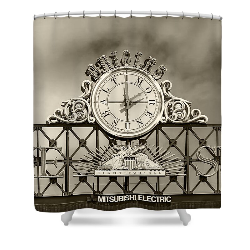 2d Shower Curtain featuring the photograph The Sun Orioles Clock - Sepia by Brian Wallace