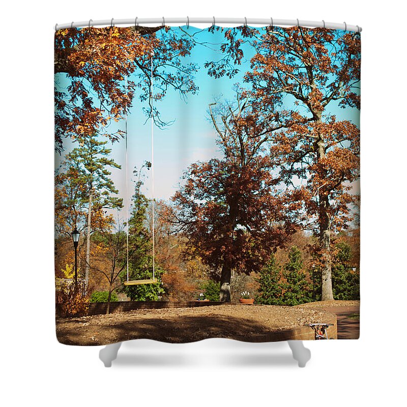 Art Shower Curtain featuring the photograph The Swing With Red Bicycle - Davidson College by Paulette B Wright