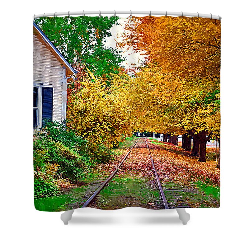 Autumn Foliage Shower Curtain featuring the painting The Tracks by Kirt Tisdale