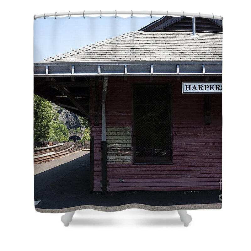 Train Station Shower Curtain featuring the photograph The train station at Harpers Ferry in West Virginia by William Kuta
