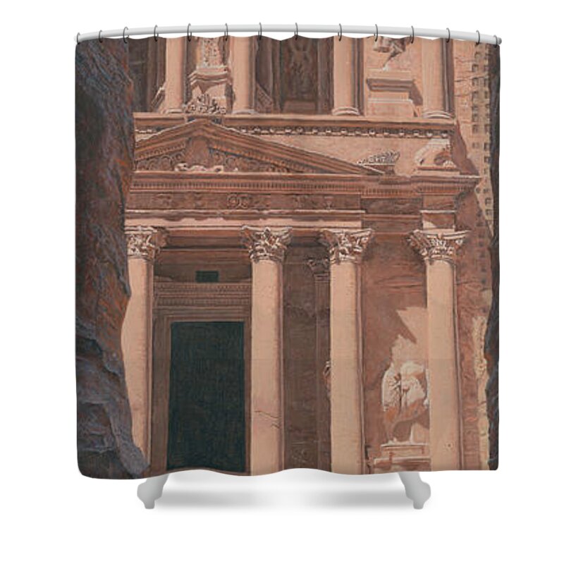 Al Khazneh Shower Curtain featuring the painting The Treasury Petra Jordan by Richard Harpum