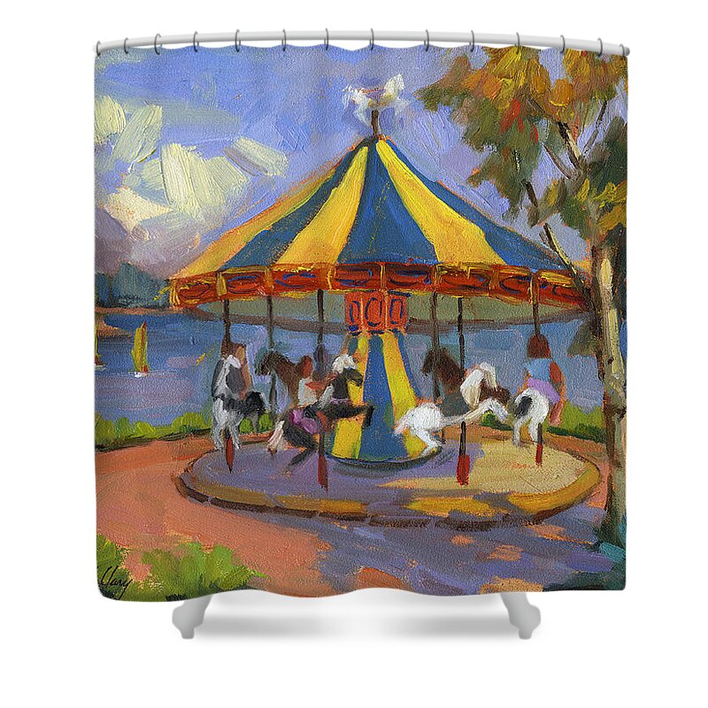 Carousel Shower Curtain featuring the painting The Village Carousel at Lake Arrowhead by Diane McClary