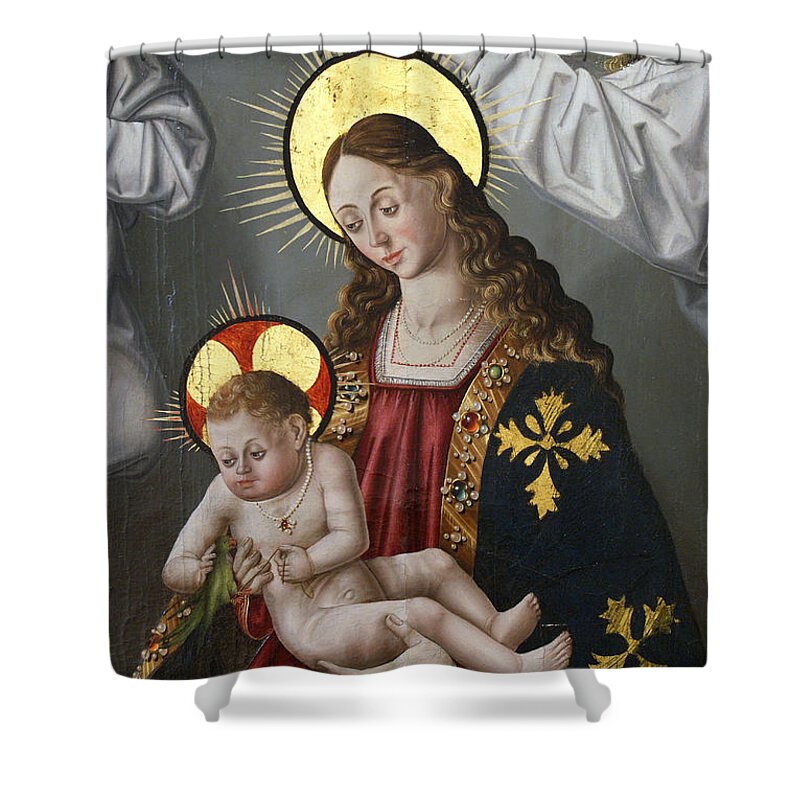 Fernando Gallego Shower Curtain featuring the painting The Virgin and the Child with the Parrot by Fernando Gallego