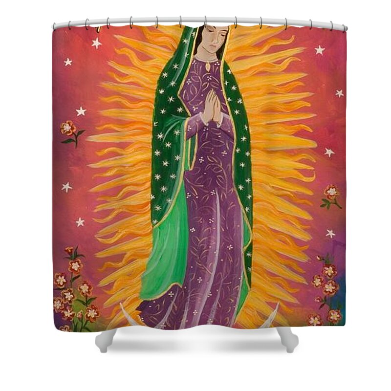 Sue Betanzos Shower Curtain featuring the painting The Virgin of Guadalupe by Sue Betanzos