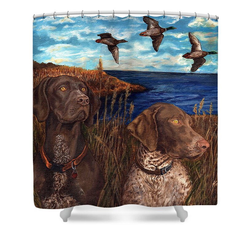 Dogs Shower Curtain featuring the painting The Wait by Kathleen Kelly Thompson