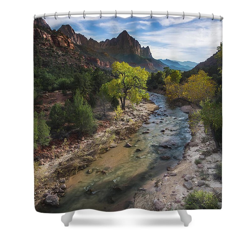  Zion; Zion National Park; Canyon; Clouds; River; Sunset; Trees; Virgin River; Utah Shower Curtain featuring the photograph The Watchman in Zion National Park by Larry Marshall