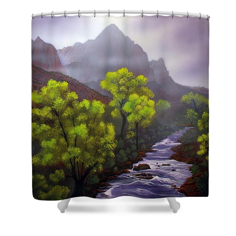 Zion National Park Shower Curtain featuring the painting The Watchman ZION by Jerry Bokowski
