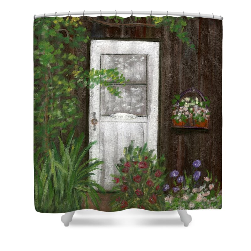 Lopez Island Shower Curtain featuring the painting The White Door by Ginny Neece