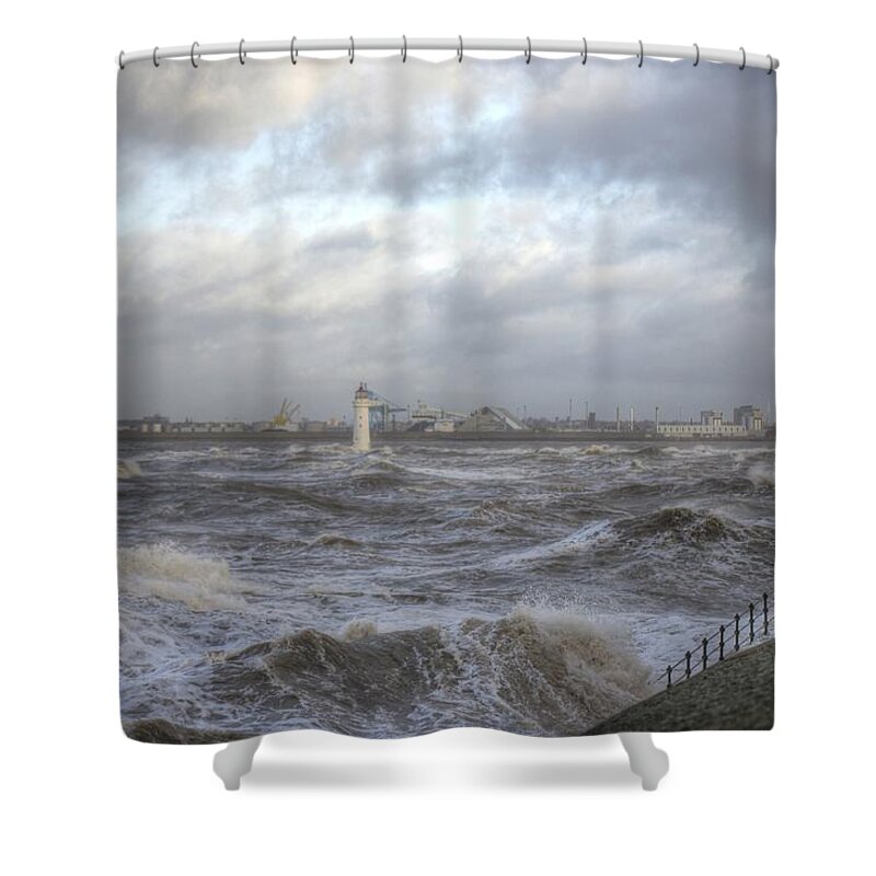 Lighthouse Shower Curtain featuring the photograph The wild Mersey by Spikey Mouse Photography