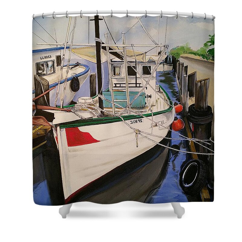 Shrimp Boat Shower Curtain featuring the painting The Wooden Work Boats by John Duplantis