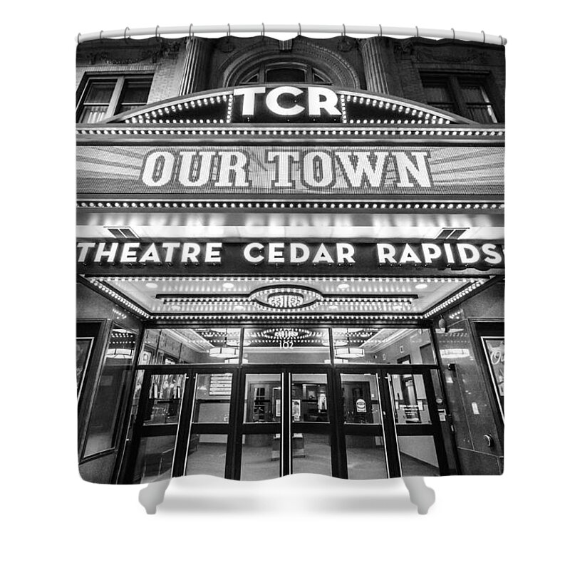 Cedar Rapids Shower Curtain featuring the photograph Theatre Cedar Rapids in Black and White by Anthony Doudt