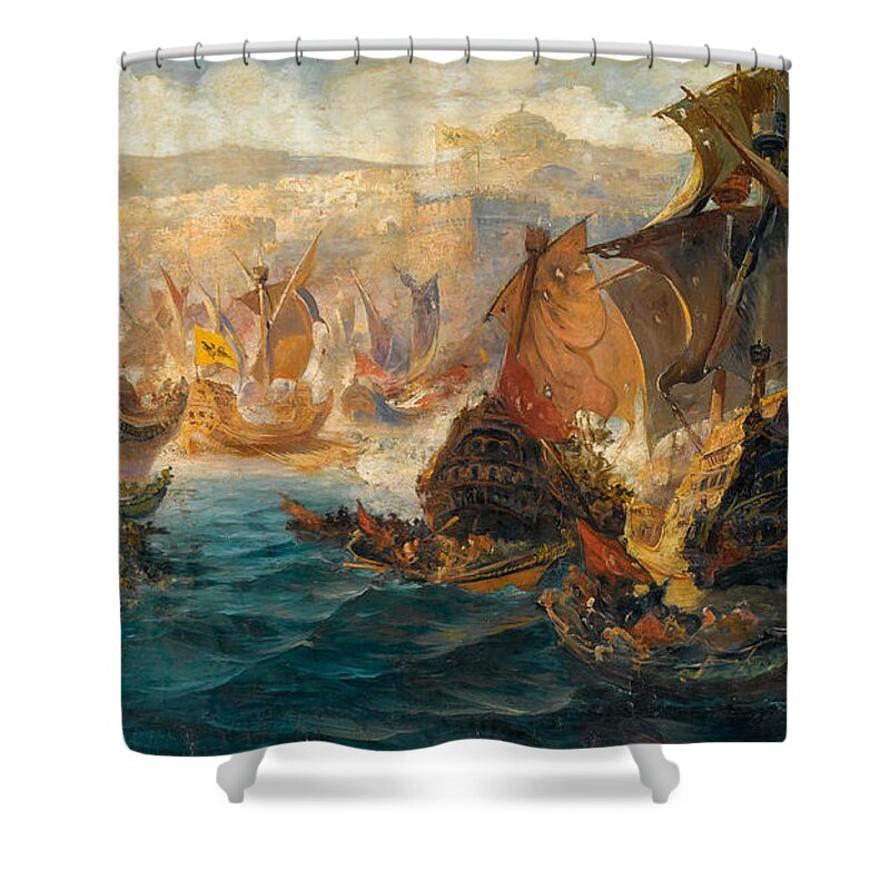 Vasilios Chatzis Shower Curtain featuring the painting The Crusader Invasion Of Constantinople by Vasilios Chatzis