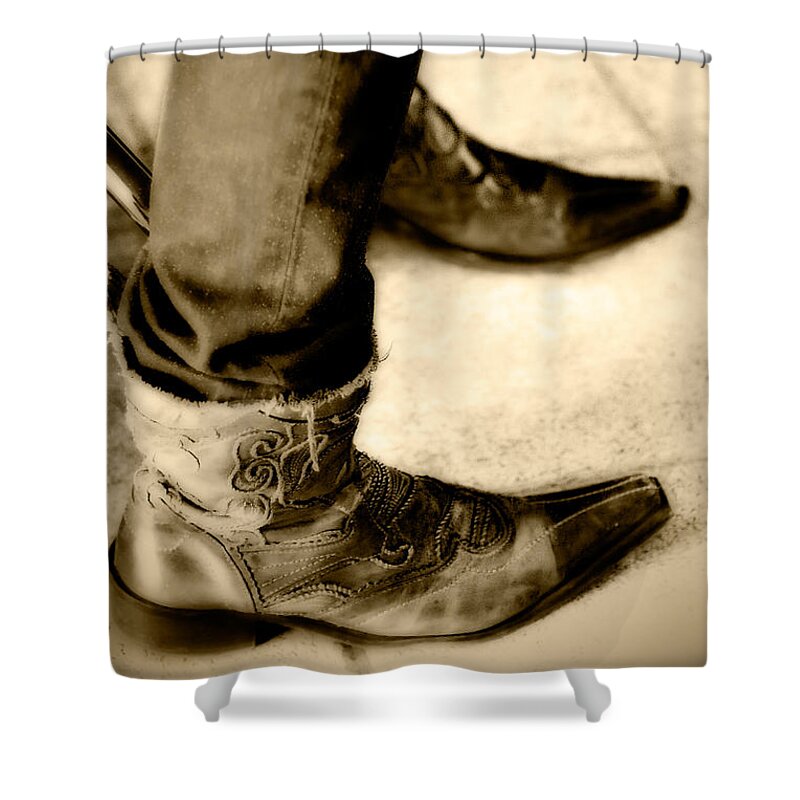 Male Model Shower Curtain featuring the photograph 'dem Boots by Melinda Ledsome