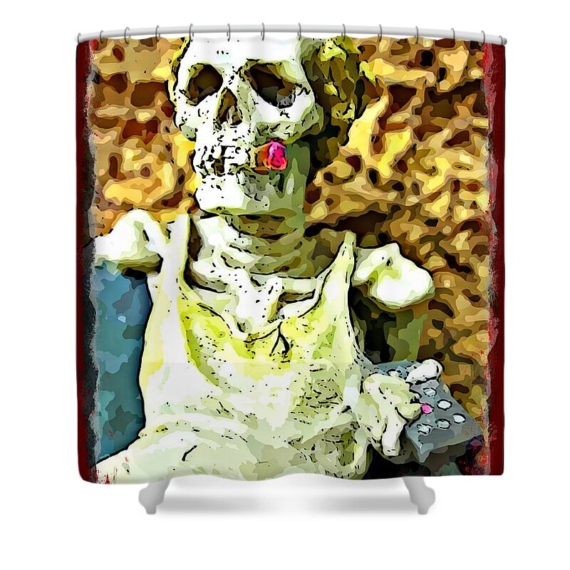 Halloween Cards Shower Curtain featuring the painting Think I'm Just Staying in and Watching TV this Halloween by John Malone
