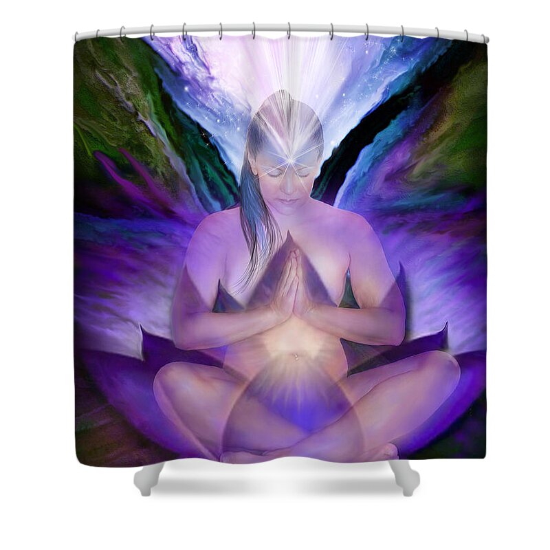 Chakra Art Shower Curtain featuring the mixed media Third Eye Chakra Goddess by Carol Cavalaris