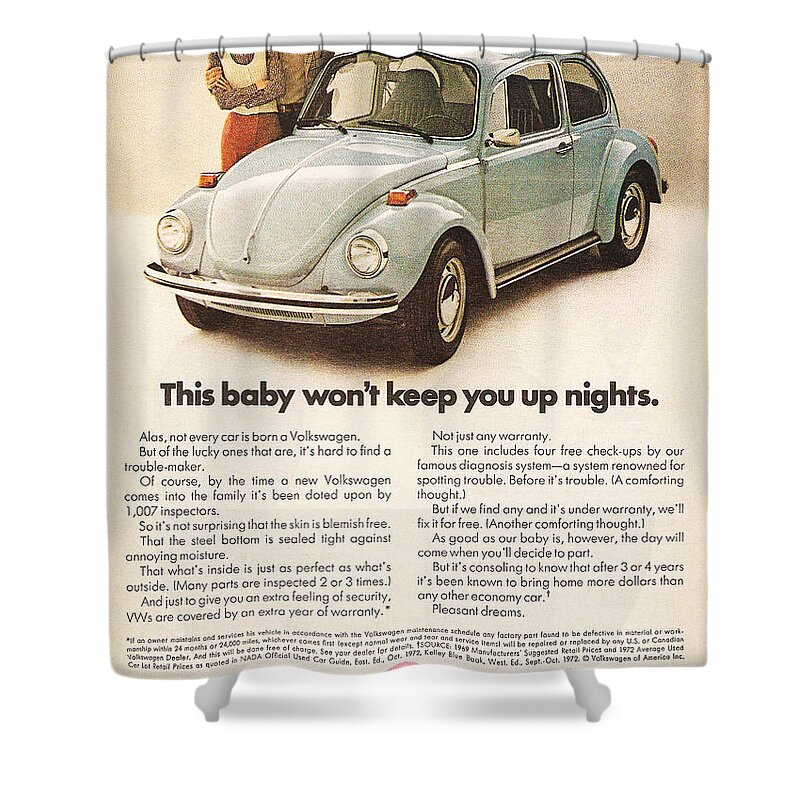 Vw Beetle Shower Curtain featuring the digital art This baby won't keep you up nights by Georgia Clare