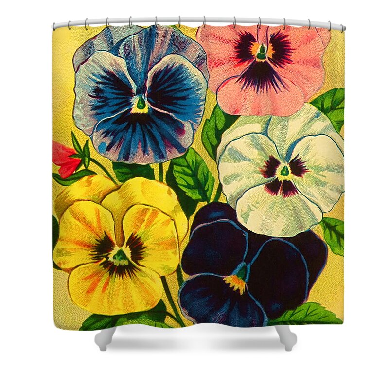 This Is A Photograph Of An Authentic 100 Year Old Seed Packaging Label. Shower Curtain featuring the photograph Pansy Flowers Antique Packaging Label by Robert Birkenes