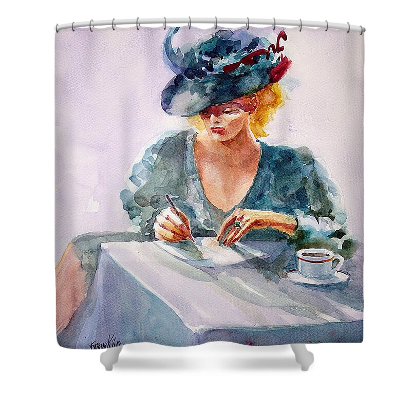 Woman Shower Curtain featuring the painting Thoughtful... by Faruk Koksal