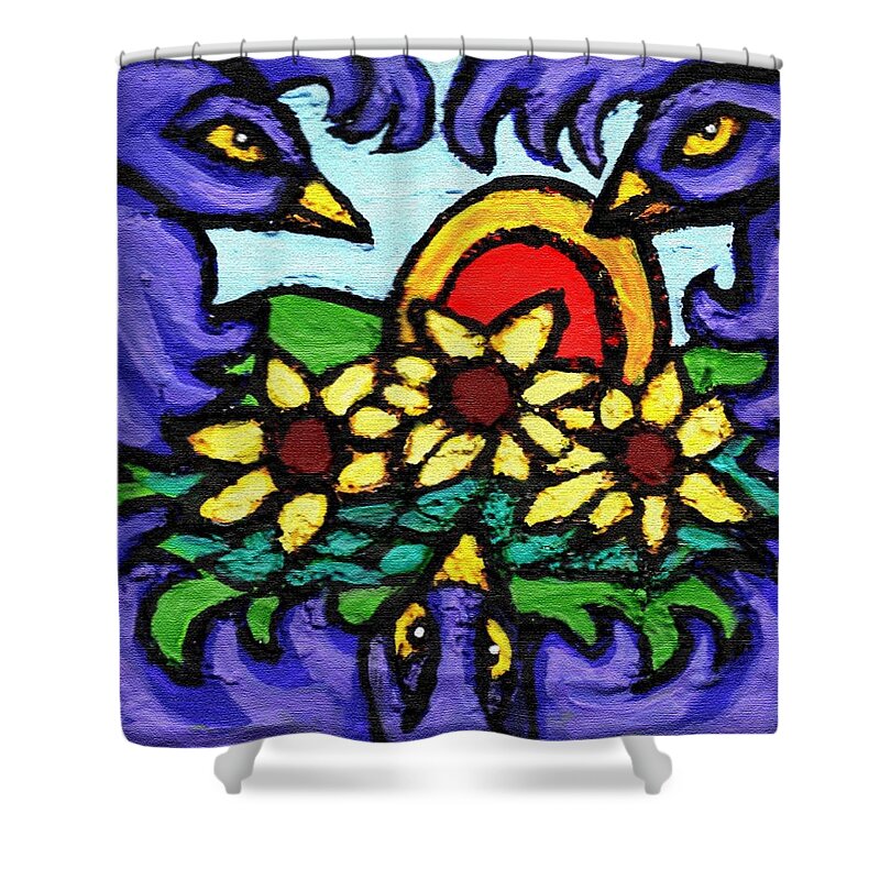 Crows Shower Curtain featuring the relief Three Crows and Sunflowers by Genevieve Esson