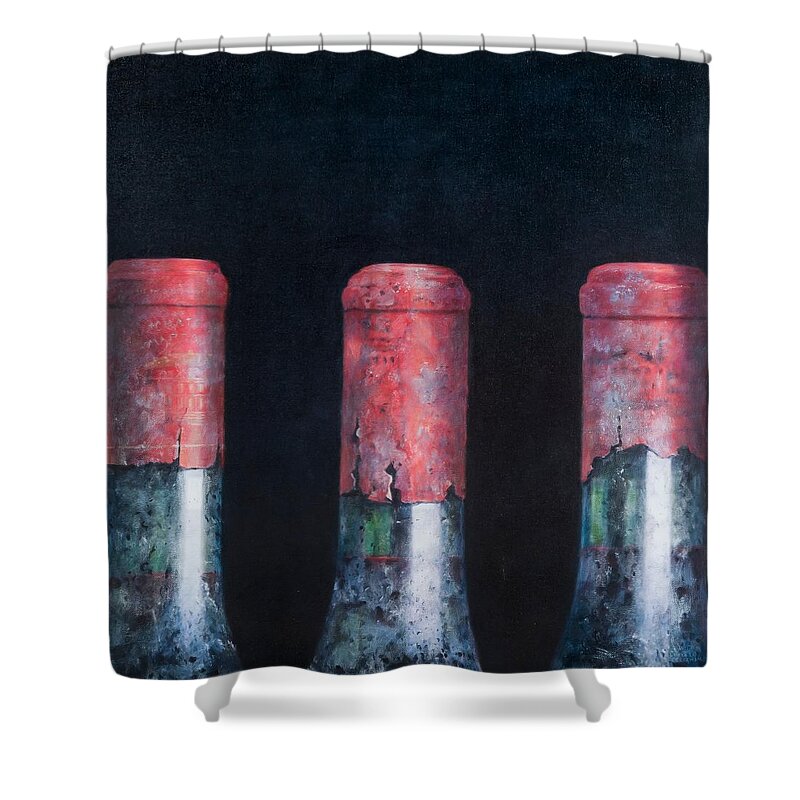 Dust; Dusty; Claret; Clarets; Red Wine; Wine; Wine Bottle; Bottle; Bottles; Wine Shower Curtain featuring the painting Three dusty clarets by Lincoln Seligman