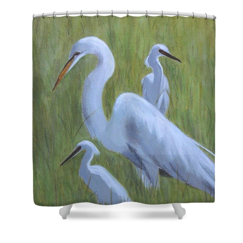 Waterfowl Shower Curtain featuring the painting Three Egrets by Jill Ciccone Pike