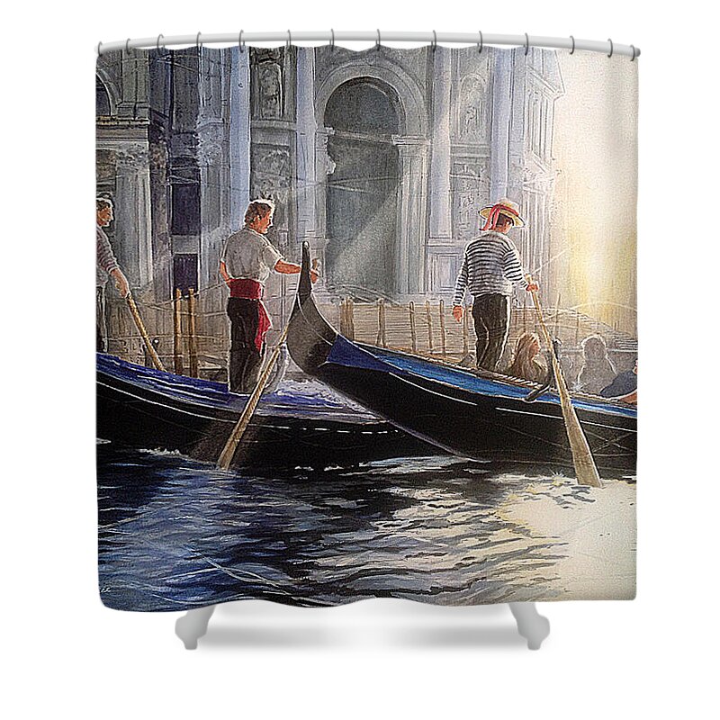 Art Shower Curtain featuring the painting Three Gondoliers by Carolyn Coffey Wallace