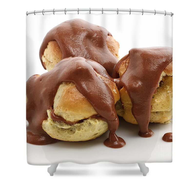Afters Shower Curtain featuring the photograph Three Profiteroles Over White by Antonio Scarpi