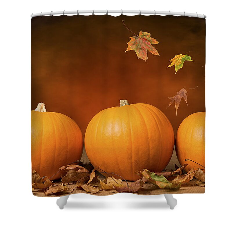Pumpkin Shower Curtain featuring the photograph Three Pumpkins by Amanda Elwell