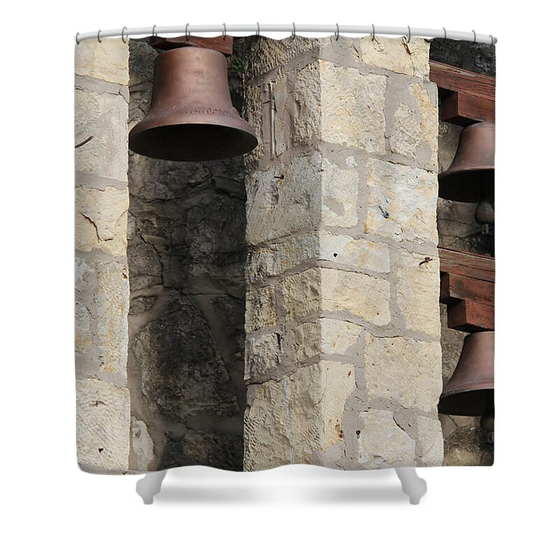 Church Bells Shower Curtain featuring the photograph Three San Antonio Bells by Carrie Godwin
