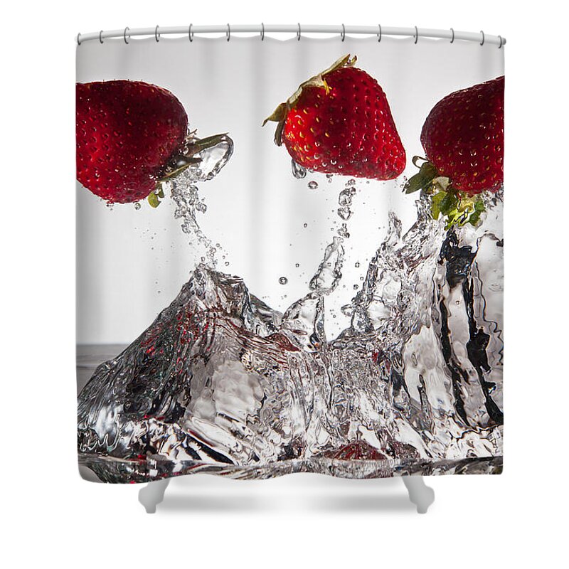 Water Shower Curtain featuring the photograph Three Strawberries FreshSplash by Steve Gadomski